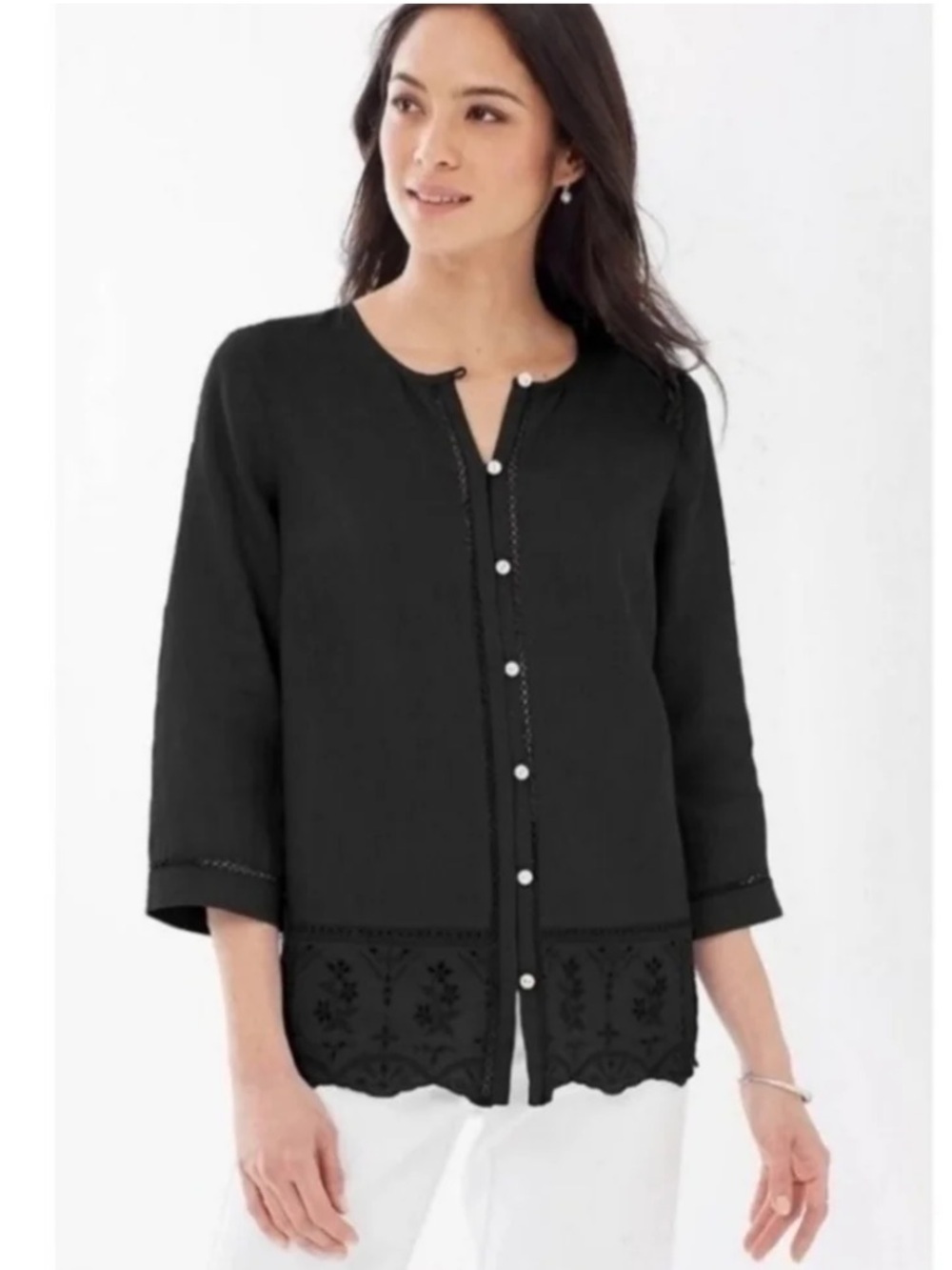 J Jill Love Linen Embroidered Hem Button-Front Black Top Preppy Casual Classic